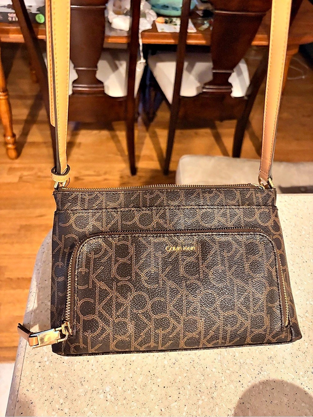 Calvin Klein Monogram Logo Zip Top Crossbody Bag Brown & Tan
